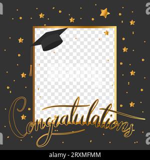 Fotorahmen zur Graduierung mit Kappe, Sternen und Konfetti. Herzlichen Glückwunsch, Graduates Concept mit schwarz-goldenem Schriftzug. Vektorillustration Stock Vektor