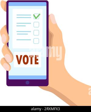 Smartphone mit männlicher Hand und Abstimmungstaste. Stimmzettel auf dem Bildschirm des Telefons. Politische Wahlkampagne. Online-Voting-Konzept. Vektorillustration Stock Vektor