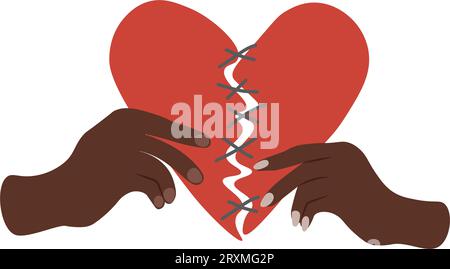 Rotes gebrochenes Herz mit schwarzen Fäden in den Händen von Mann und Frau genäht. Versöhnungskonzept.Liebe wiederherstellen. Vektorillustration Stock Vektor