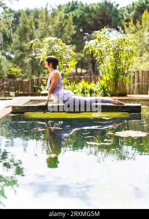 Frau, die Yoga praktiziert, liegt in der Cobra-Pose (Bhujangasana-Übung) draußen. Vertikale Aufnahme. Stockfoto