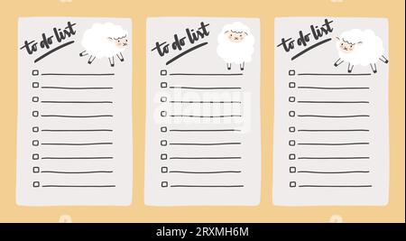 Set-Sammlung von To-do-Listen-Vorlagen, dekoriert von niedlichen Schafen. Niedliches Design von Zeitplan, Tagesplanung oder Checkliste. Perfekt für Planung, Notizen und vieles mehr Stock Vektor