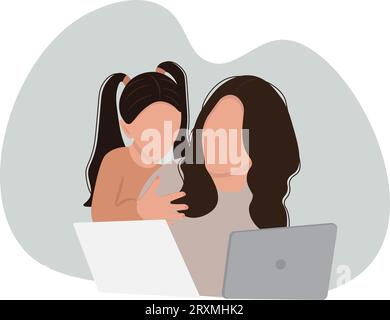 Freischaffende Frau, die von zu Hause aus mit Kind arbeitet. Alleinerziehende Mutter kümmert sich allein um ihre Tochter. Alleinerziehende Familie. Vektorillustration Stock Vektor