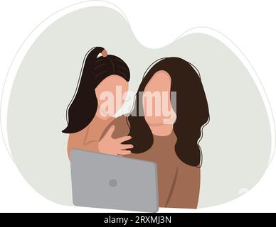 Freischaffende Frau, die von zu Hause aus mit Kind arbeitet. Alleinerziehende Mutter kümmert sich allein um ihre Tochter. Alleinerziehende Familie. Vektorillustration Stock Vektor