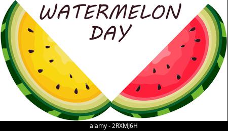 Wassermelonentag. Konzept eines Nationalfeiertags. Schneidet Wassermelone mit Grüßen in Scheiben. Vektorillustration Stock Vektor