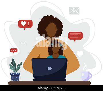 Freischaffende Frau, die von zu Hause aus mit Kind arbeitet. Alleinerziehende Mutter kümmert sich allein um ihre Tochter. Alleinerziehende Familie. Vektorillustration Stock Vektor