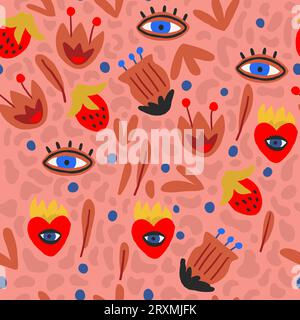 Funky Herz mit Flamme und einem Auge, Valentinstag nahtloses Muster - flache Vektor-Illustration auf weißem Hintergrund. Schrulliges Liebesmuster. Von Hand gezeichnete lustige Herzzeichnung. Vektorillustration Stock Vektor