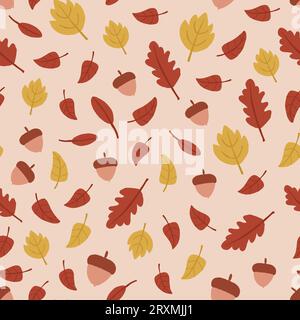 Nahtloses Vektormuster mit Eicheln, Herbstlaub auf beigem Hintergrund. Herbstliches Naturmuster. Vektorillustration Stock Vektor