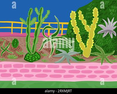 Illustration der schönen Kakteen- und Sukkulentenlandschaft. Tropischer Hintergrund. Exotischer Garten in Mexiko. Wüstenparadies. Vektorillustration Stock Vektor