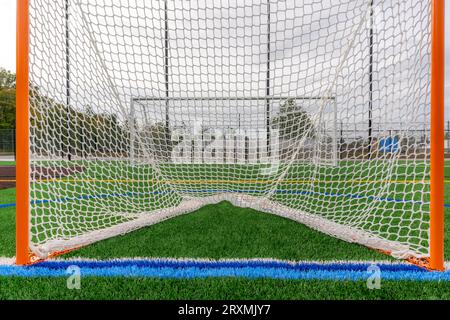 Foto eines Lacrosse-Tores auf einem leeren grünen Kunstrasenfeld. Stockfoto