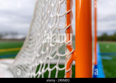 Foto eines Lacrosse-Tores auf einem leeren grünen Kunstrasenfeld. Stockfoto