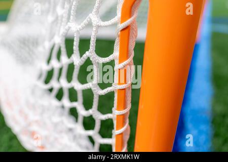 Foto eines Lacrosse-Tores auf einem leeren grünen Kunstrasenfeld. Stockfoto