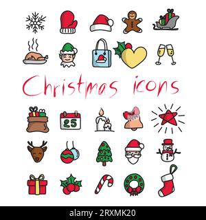 Bunte Weihnachtssymbole setzen Illustration Vektor Hand gezeichnet isoliert auf weißem Hintergrund Stock Vektor