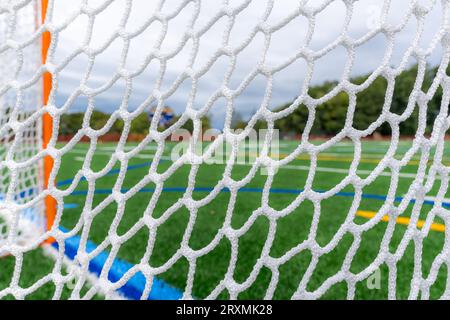 Foto eines Lacrosse-Tores auf einem leeren grünen Kunstrasenfeld. Stockfoto