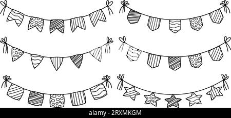 Handgezeichnete Doodle Bunting Garland. Schwarz-weiß-Flaggen für Feierlichkeiten. Vektorillustration mit verspielten Geburtstagsdekorationen. Stock Vektor