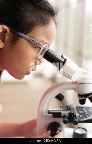 Kinderwissenschaftler lernen Biologie und Chemie im Labor. Ein MINT-Lernkonzept. Ein asiatisches Schülermädchen mit Mikroskop in A Stockfoto