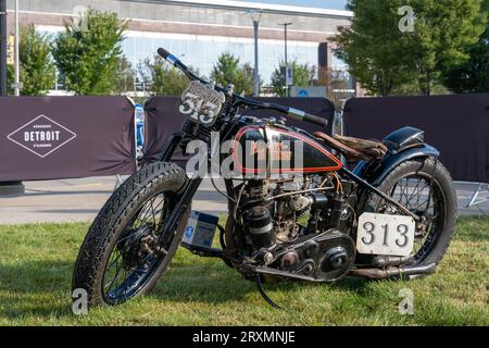 DETROIT, MI/USA - 23. SEPTEMBER 2023: Ein 1929er Harley Davidson DL # 313 Motorradfahrer, Detroit Concours 'd Elegance. Fahrer: Randy 'Detroit' Hayward Stockfoto