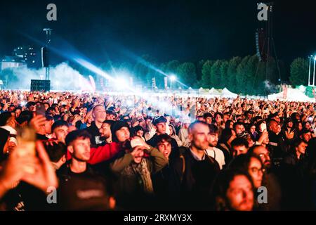 Mailand, Italien. September 2023. Marracash, Salmo undNGFibra treten live beim Marrageddon Festival im Ippodromo SNAI La Maura am 23. September 2023 in Mailand auf (Foto: Alessandro Bremec/NurPhoto)0 Credit: NurPhoto SRL/Alamy Live News Stockfoto