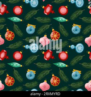Nahtloses Muster für Weihnachten und frohes neues Jahr mit Vintage-Spielzeug und Zweigen aus Weihnachtsglas. Trendiger Retro-Stil. Vektorillustration Stock Vektor
