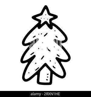 Vector Cozy Doodle Tree Illustration. Handgezeichneter Tannenbaum auf weißem Hintergrund. Skandinavische Fichte mit Stern umreißen. Frohes Neues Jahr, Frohe Weihnachten Stock Vektor