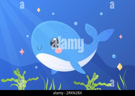 Ein süßer Wal im Cartoon-Stil. Vektorillustration. T-Shirt-Print, Kinder Blauwale, Kindersymbole für Aufkleber, Babydusche, Bücher. Stock Vektor