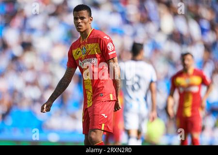 Mason Greenwood von Getafe CF spielte während des La-Liga-Spiels zwischen Real Sociedad und Getafe CF am 24. September 2023 im reale Arena Stadium in San Sebastian, Spanien. (Foto: Cesar Ortiz/PRESSINPHOTO) Stockfoto