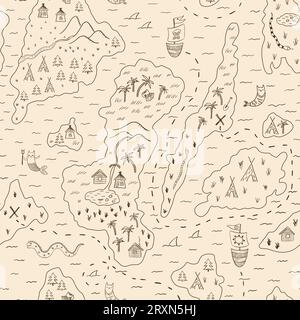 Nahtloses Vektormuster, alte lustige Piraten-Schatzkarte, Linienkunst, Textil, Tapete, Verpackung, Scrapbook. Vektorillustration Stock Vektor