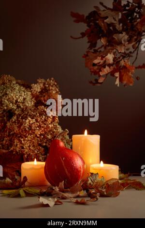 Stillleben mit Kürbis, ausgetrockneten Blättern und brennenden Kerzen. Im Hintergrund getrocknete Hortensienblüten und Eichenzweige. Herbstkonzept. Stockfoto