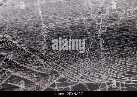 Verschmutztes Glas, das in eine große Anzahl von Teilen zerbrochen ist, ein Stück Glas mit vielen Rissen und gebrochenen Teilen Stockfoto