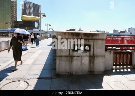 Eine sonnendurchflutete Frau mit einem Regenschirm geht über eine Brücke in Asakusa in Tokio, Japan Stockfoto