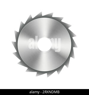 Fotorealistische Stahlscheibe für Kreissägen, Werkzeugkonstruktionselemente, isoliert auf weißem Hintergrund, Vektorillustration. Stock Vektor