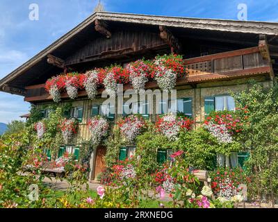 Herrlich eingerichtetes altes Bauernhaus mit Balkonblumen in der Nähe von Teisendorf im Berchtesgadener Land, Bayern, Deutschland Stockfoto