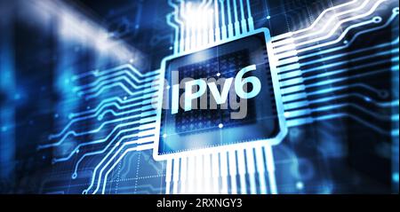 IPv6-Netzwerkprotokoll Standard-Internet-Kommunikationskonzept auf virtuellem Bildschirm. Stockfoto