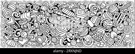 Comic Vector Candies Doodle Illustration zeigt eine Vielzahl von süßen Lebensmitteln Objekte und Symbole. Ein skurriles, lustiges Bild. Stock Vektor