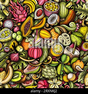 Comic-Vektor-Kritzeleien zum Thema exotische Früchte nahtloses Muster zeigt eine Vielzahl tropischer fruchtiger Objekte und Symbole. Skurril verspielt c Stock Vektor