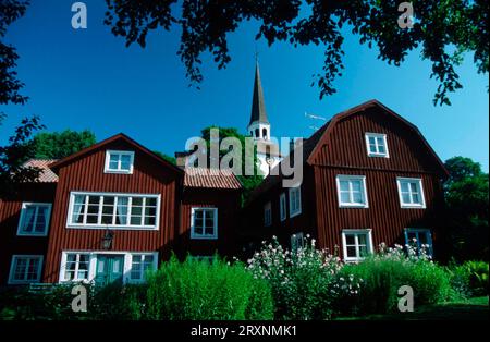 Häuser im alten Teil von Mariefred, Schweden, Häuser im alten Teil von Mariefred, Schweden Stockfoto