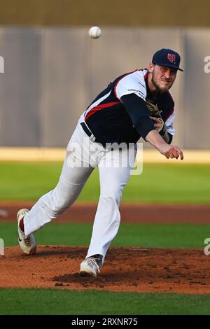 Ostrava, Tschechische Republik. September 2023 26. Marek Minarik von Tschechien in Aktion während der Baseball-Europameisterschaft Gruppe A gegen Spanien in Ostrava, Tschechische Republik, 26. September 2023. Quelle: Jaroslav Ozana/CTK Photo/Alamy Live News Stockfoto