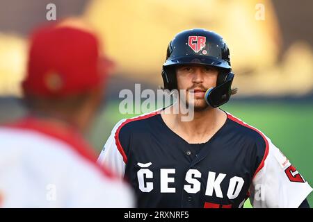 Ostrava, Tschechische Republik. September 2023 26. Martin Cervenka aus Tschechien während des Baseball-Europameisterschaftsspiels Gruppe A gegen Spanien in Ostrava, Tschechien, 26. September 2023. Quelle: Jaroslav Ozana/CTK Photo/Alamy Live News Stockfoto