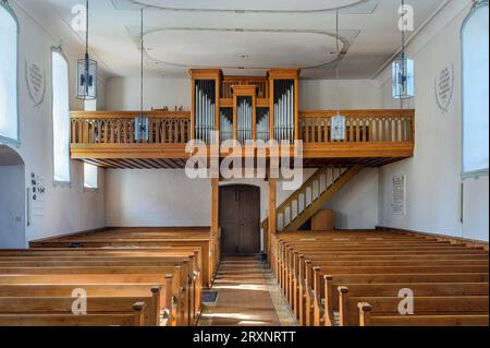 Orgelloft, Spitalkirche, Bad Groenenbach, Allgaeu, Bayern, Deutschland Stockfoto