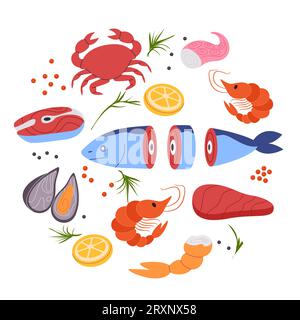 Seafood Collection Set Vektor Zeichnung Illustration flach von Fisch Garnelen Thunfisch kulinarische Meereskreatur Stock Vektor