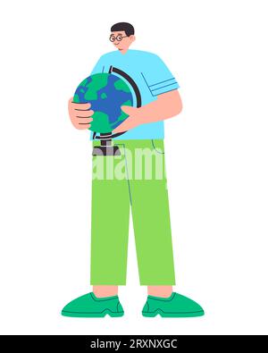 Geographie-Student Lehrer hält Globus-Planet stehend posiert grafische Figur flach Stock Vektor