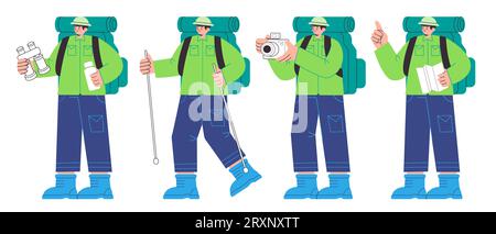 Wandern Trekking Trail Outdoor-Aktivität Charaktersatz aus flacher Illustration grüne Jacke flache Linie hält Karte Kamera Stick binokular Stock Vektor