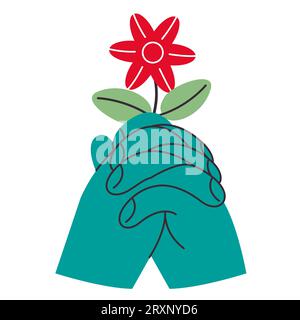 Hand hält Blume Symbol Geste des Friedens Liebe Schutz Linie Kunst Illustration Stock Vektor