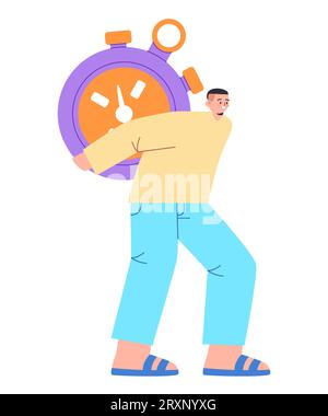 Man bringt schwere Uhr Stoppuhr Zeit Druck Überlastung Konzept flache Zeichnung Illustration Stock Vektor