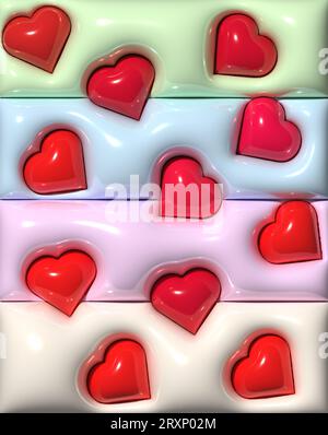 Rote Herzen auf einem Hintergrund mit aufgeblähten, mehrfarbigen Streifen, 3D-Rendering-Illustration Stockfoto