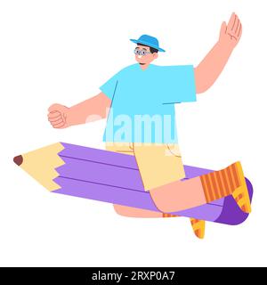 Reitstift Junge Schüler fliegen das Symbol des Schullernstudiums Stock Vektor