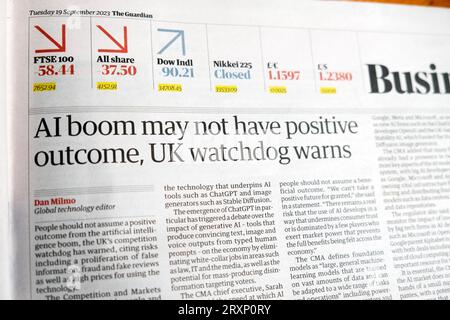 Künstliche Intelligenz „der KI-Boom hat möglicherweise kein positives Ergebnis“, warnt der britische Watchdog. artikel 19. September 2023 London UK Stockfoto