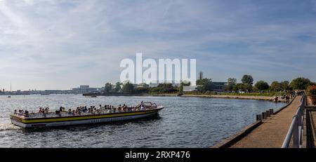 Turistas junto a la famosa estatua de bronce de La Sirenita en Copenhague, Dinamarca Stockfoto