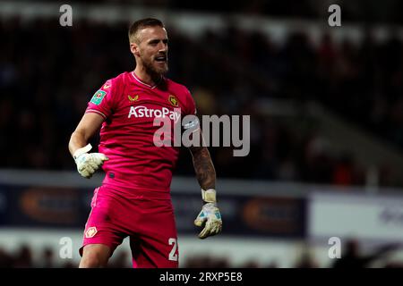 Ipswich, Großbritannien. September 2023 26. Wolverhampton Wanderers Torhüter Daniel Bentley feiert das erste Tor ihrer Mannschaft während des Ipswich Town FC gegen Wolverhampton Wanderers FC Carabao Cup, Runde 3 Match in Portman Road, Ipswich, Großbritannien am 26. September 2023 Credit: Every Second Media/Alamy Live News Stockfoto