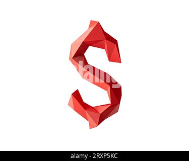 Symbol aus rotem Material mit niedrigem Poly-Wert. 3D-Abbildung eines einfachen polygonalen Symbols, isoliert auf weißem Hintergrund Stockfoto