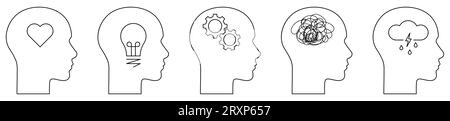 Leitungssymbole für psychische Gesundheit. Menschlicher Kopf, psychologische Hilfe, psychiatrisches Konzept. Vektorillustration isoliert auf weißem Hintergrund Stock Vektor